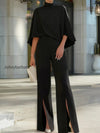 cape-sleeve-high-neck-blouse-slit-wide-leg-trousers-set