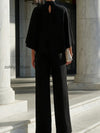 cape-sleeve-high-neck-blouse-slit-wide-leg-trousers-set