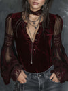 vintage-henley-collar-sheer-sleeves-lace-trim-polyester-velvet-blouse-f455