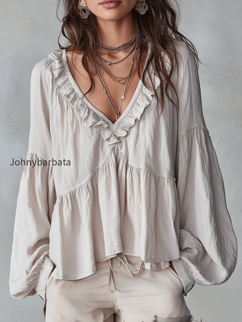Airy Vintage-Inspired Ruffle Soft Ruffle Bohemian Blouse