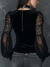 vintage-henley-collar-sheer-sleeves-lace-trim-polyester-velvet-blouse-f455