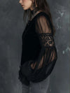 vintage-henley-collar-sheer-sleeves-lace-trim-polyester-velvet-blouse-f455